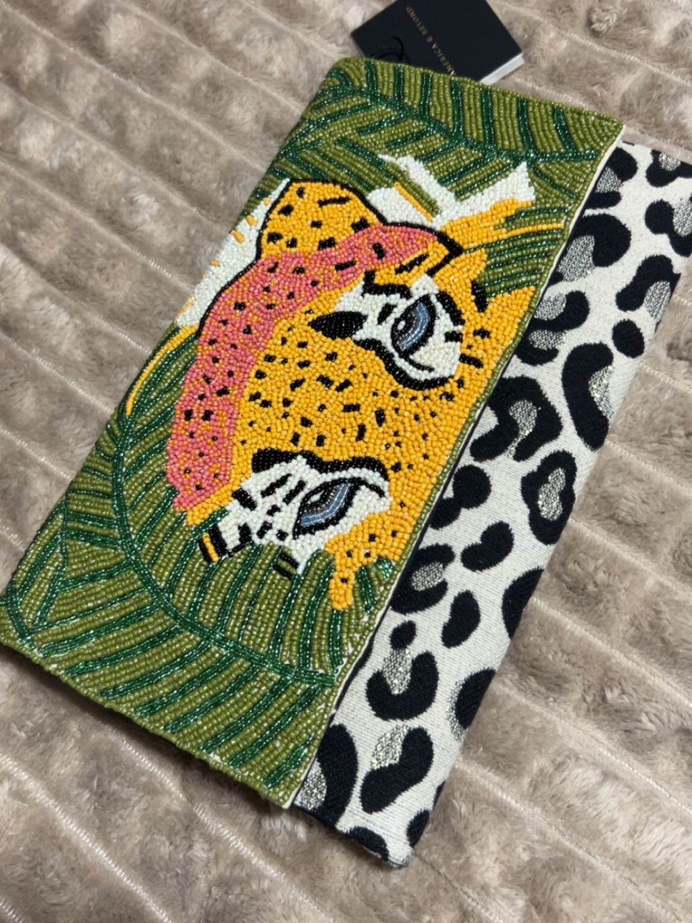 NWT America & Beyond Beaded Leopard Clutch with silver strap